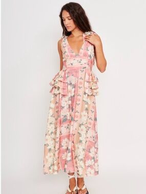 Sleeveless Pink Floral V-Neck Maxi Dress with Tiered Side Ruffles